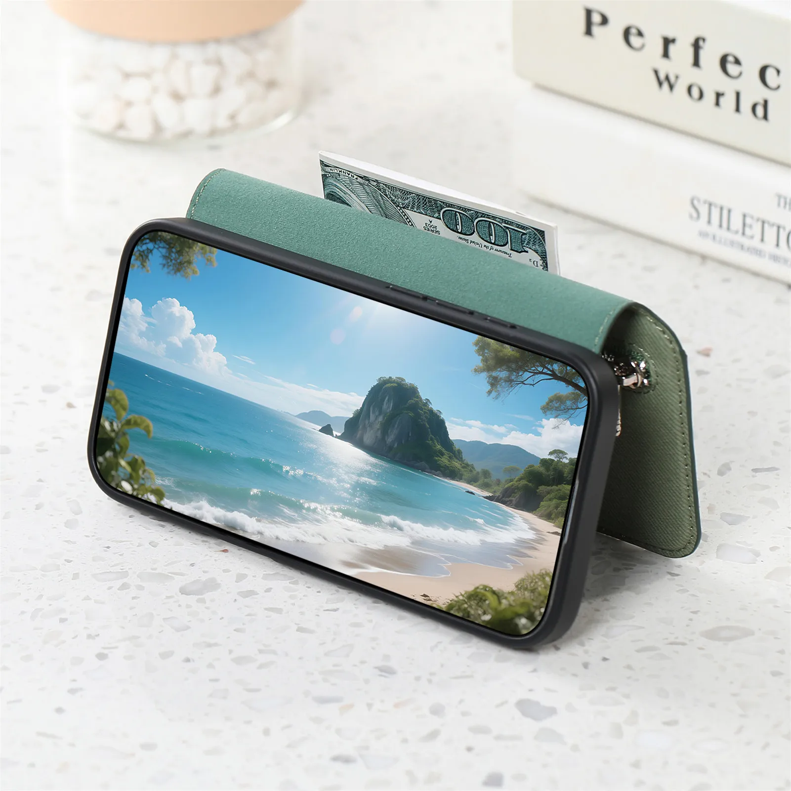 Detachable Magnetic Leather Wallet Case with Zipper and Card Slot, Shockproof Protective Cover
