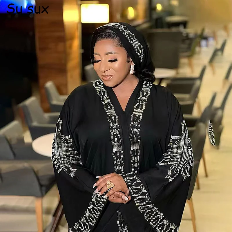 

African Dresses For Women Traditional Africa Clothing Elegant Luxury Sequins V Neck Flare Sleeve Maxi Dress Robe Africaine Femme