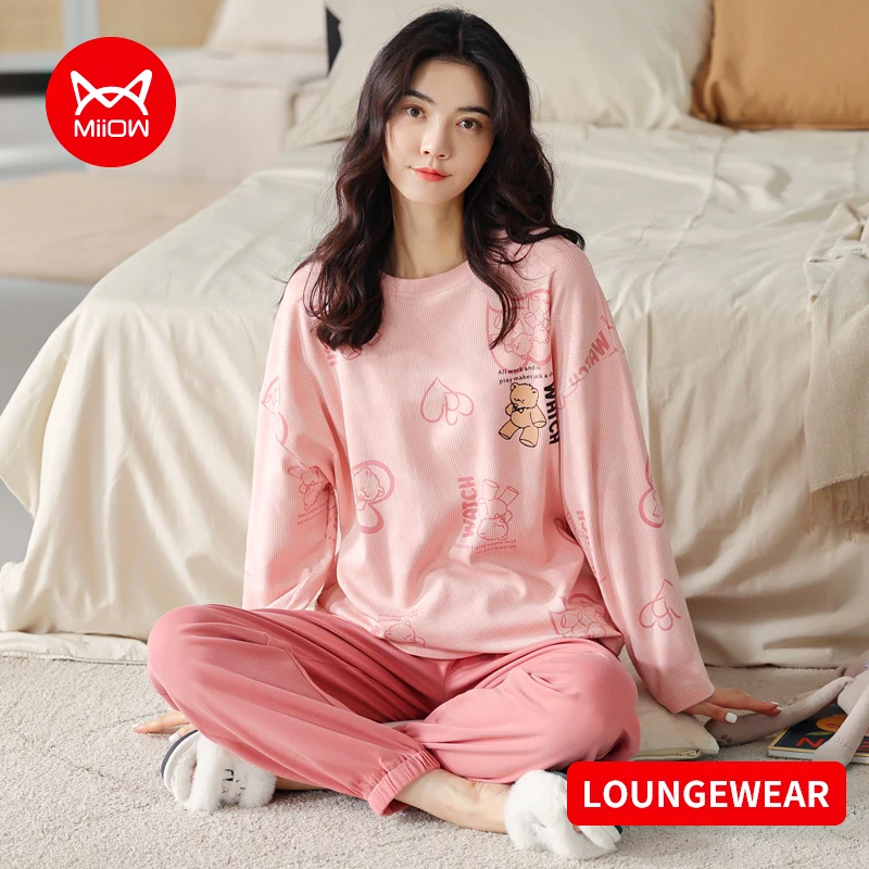 

MIIOW Fashion Pajamas for Women Winter Cotton Loungewear Sets Comfortable Sleepwear Loose Long Sleeve Print Clothes Lingerie