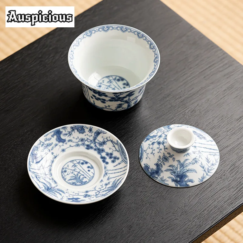 300ml Antique Blue and White Gaiwan Retro Dargon Cup Saucer Tea Tureen Chinese Tea Maker Cover Bowl Services Supplies Craft