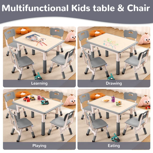 19698-c5ddd9.jpg Kids Table and Chairs Set, Height Adjustable Desk With 4 Seats Max 300lbs, Children Multi-Activity Table for Classrooms,Daycares