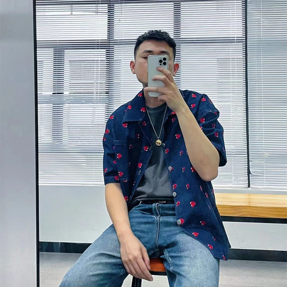 

Frog drift Streetwear Clean Fit Vintage Casual Street style Denim Short Sleeved Shirt With Ancient Loose for Men Clothing
