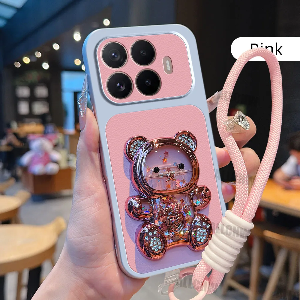 Adorable 3D Bear Bracket Stand Phone Case with Litchi Texture and Hanging Rope