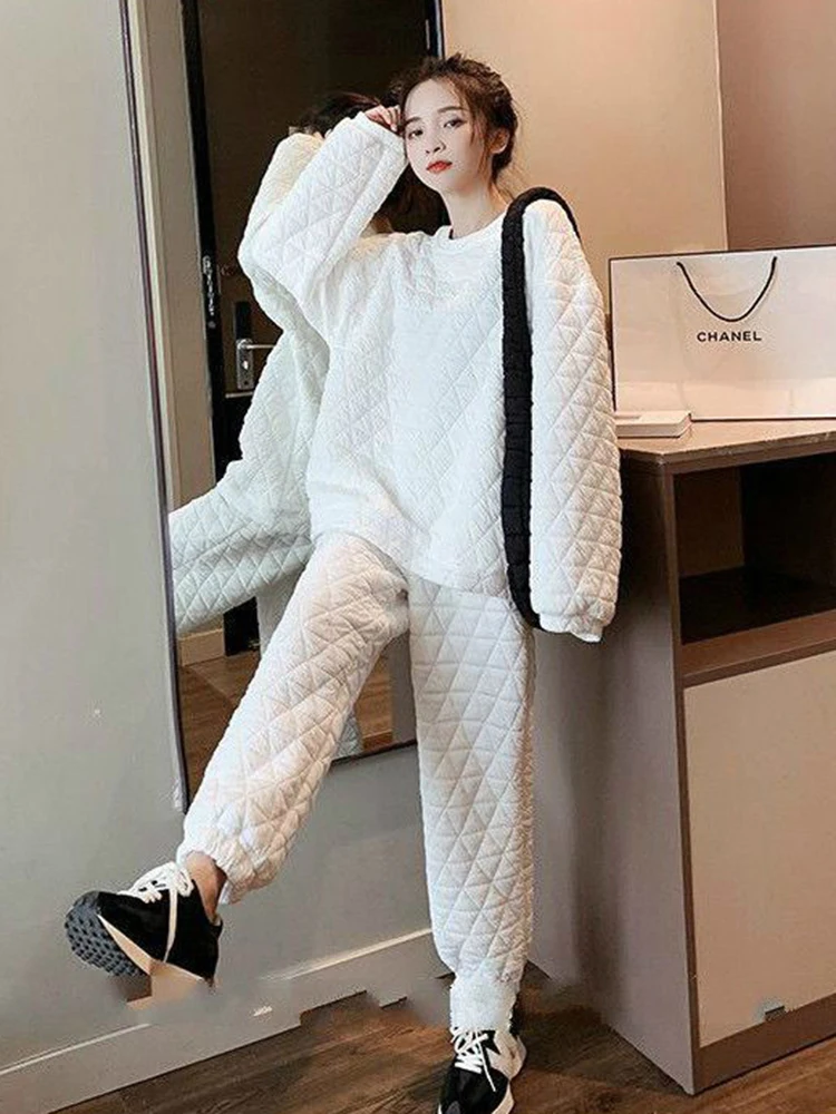 Thicken Warm Quilted Sweatshirt O- Neck 2 Piece Set Casual Thick Pullover Top Conjunto Baggy Wide Leg Ankle-length Jogger Outfit