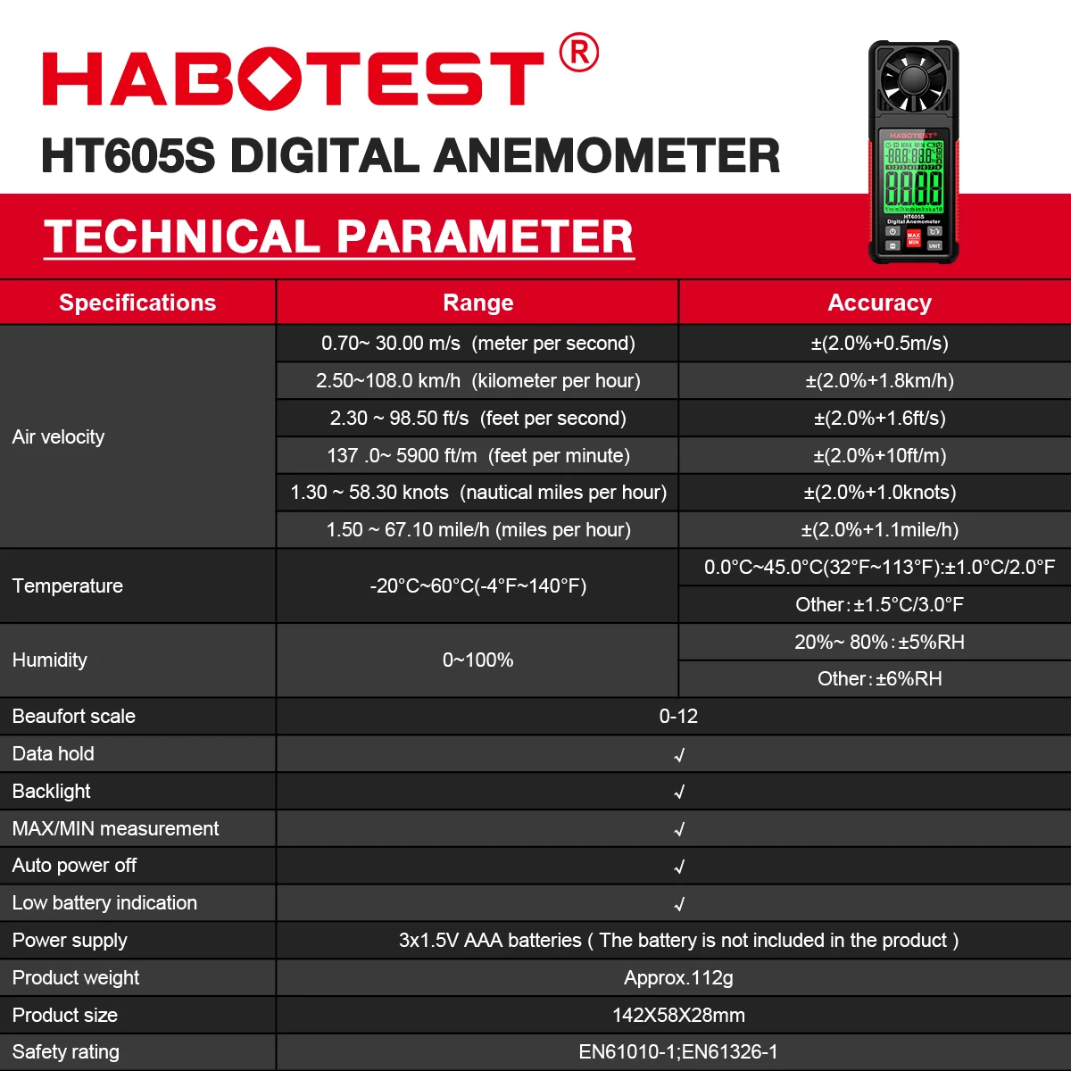 Digital Anemometer Wind Speed Meter with Backlight LCD Screen Air Flow Meter for Sailing Surfing Drone Flying HABOTEST HT605S