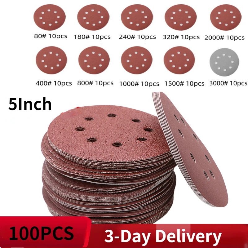50/100pcs 125mm Sandpaper Round Shape Sanding Discs Hook Loop Sanding