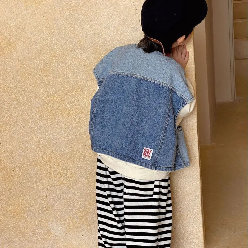Children Denim Vest Korean Style Casual Fashion Boys and Girls Patchwork Color Casual Simple Loose Cardigan Coat for Kids