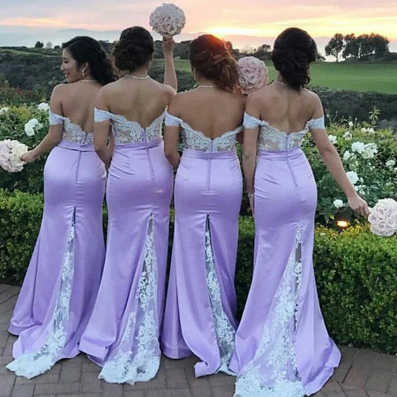 Light Lavender Bridesmaid Dresses Mermaid Off The Shoulder Lace Silk Satin Lace Stickers Short Sleeves Wedding Party Dress Robe