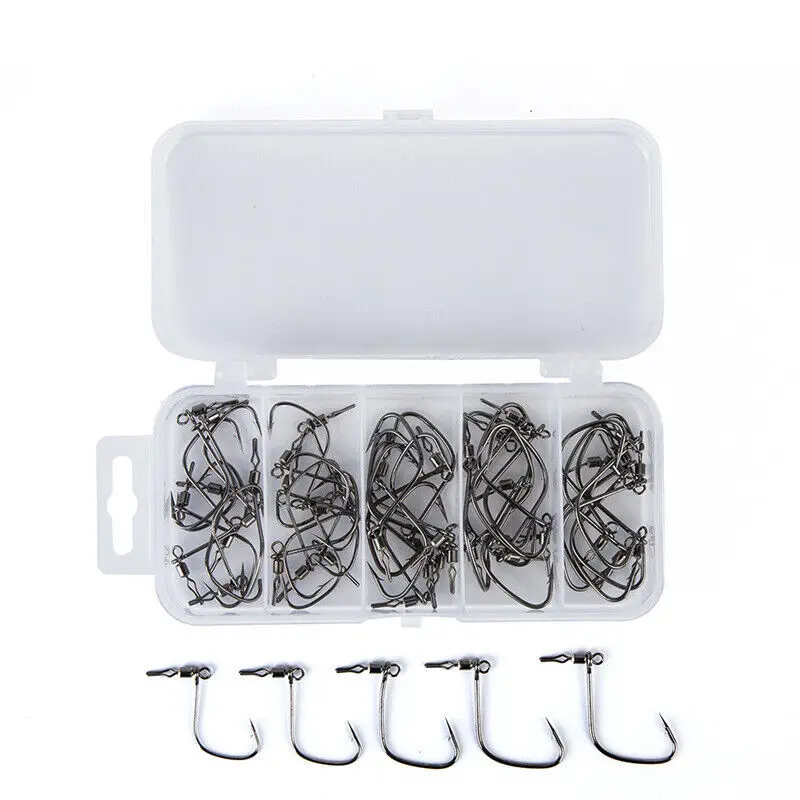 

75pcs Fishing Jig Hooks with Swivel Snap for Soft Worm Lures Saltwater Tackle