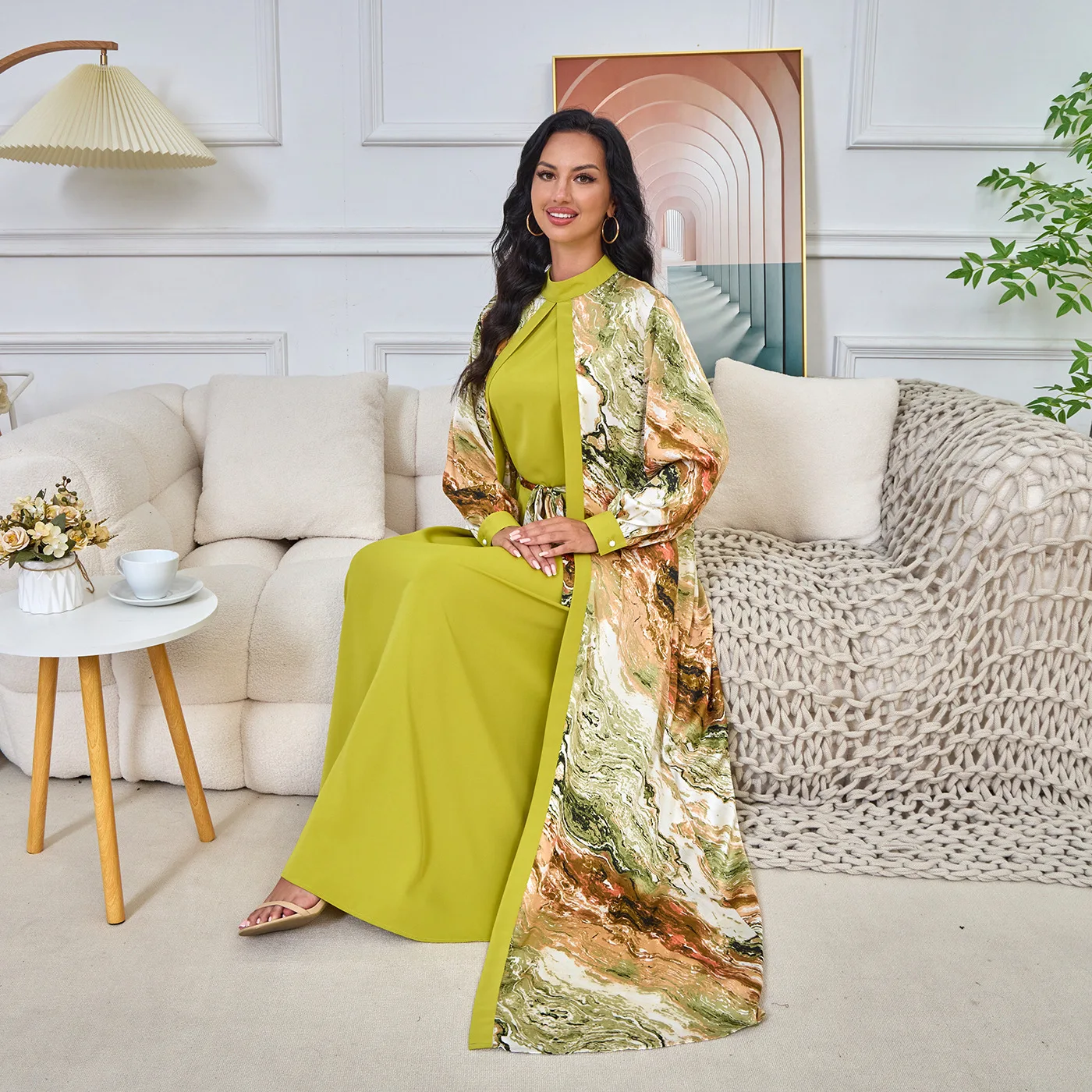 MT200 Muslim clothing new printed cardigan two-piece formal dress - Image 3
