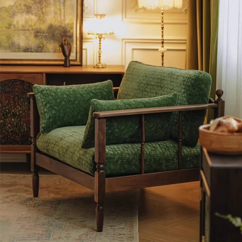 French Retro Solid Wood Single Double Triple Sofa Small Living Room Balcony Simple Cloth Leisure Chair