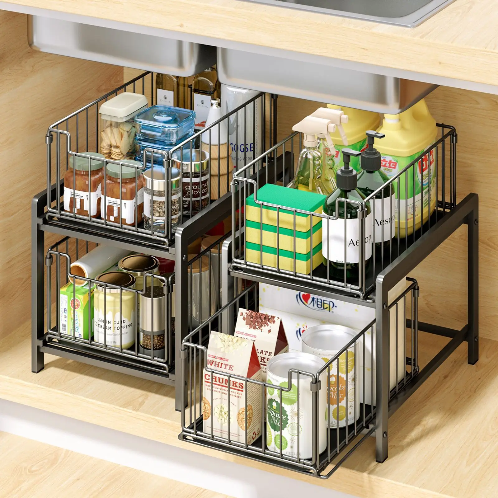 Multi-purpose 2 Tier Sliding Cabinet Basket Under Sink Organizer Storage  Rack With Drawers For Home Bathroom Kitchen Accessori - AliExpress