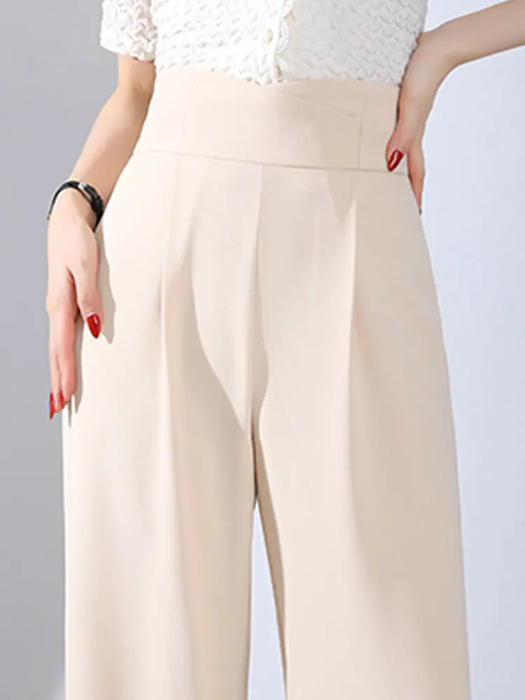 New Fashion Apricot Black Drape Straight Pants Trousers Women Casual High Waist Office Lady Long Suits Wide Leg Pants Female