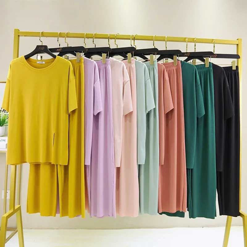 

Pants Pajamas 2 Piece Set Fashion Casual Wear Split Round Neck T-shirt High Waist Straight Women's Lce Silk Home Service Suit