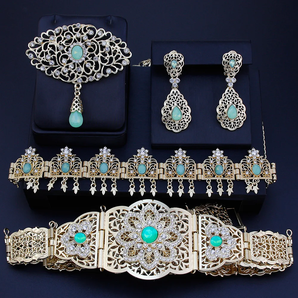 Sunspicems Chic Morocco Bride Jewelry Sets Gold Color Arabic Caftan Belt Brooch Earring Hairchain Wedding Bijoux bridal jewelry sets crystal jewelry sets hair chain jewelry