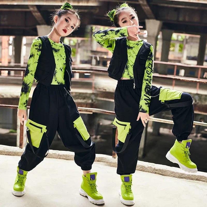 Girls Green Crop Tops Vest Cargo Pants Kids Catwalk Modern Jazz Performance Wear Stage Costume Hip Hop Dance Clothes