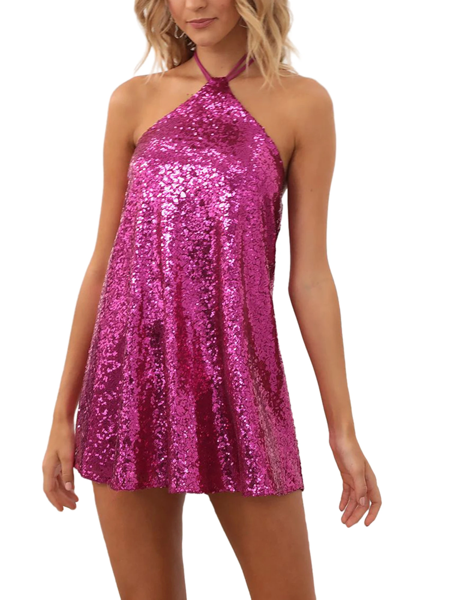 

Женское мини-платье с блестками, блестящее короткое платье без рукавов с лямкой на шее и открытой спиной