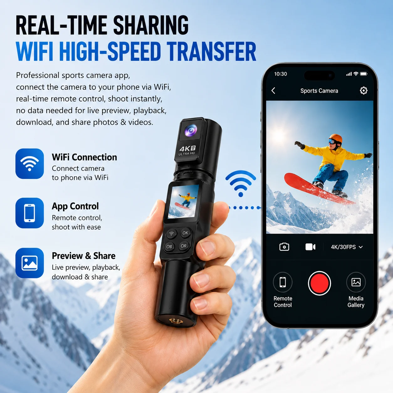 AT-M103DR 4K HD 액션 카메라 20MP 30FPS EIS 안정화 기능 WiFi 스포츠 카메라 350 ° 회전 렌즈 1.5인치 IPS 스크린 브이로그 캠코더