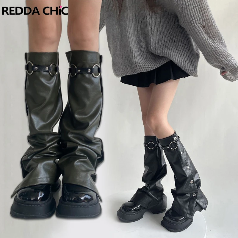 

REDDACHiC 4-color Steampunk Snap Leg Warmers with Calf Leg Ring Women Leather Black Knee Long Socks Retro Y2k Grayu Boots Cover