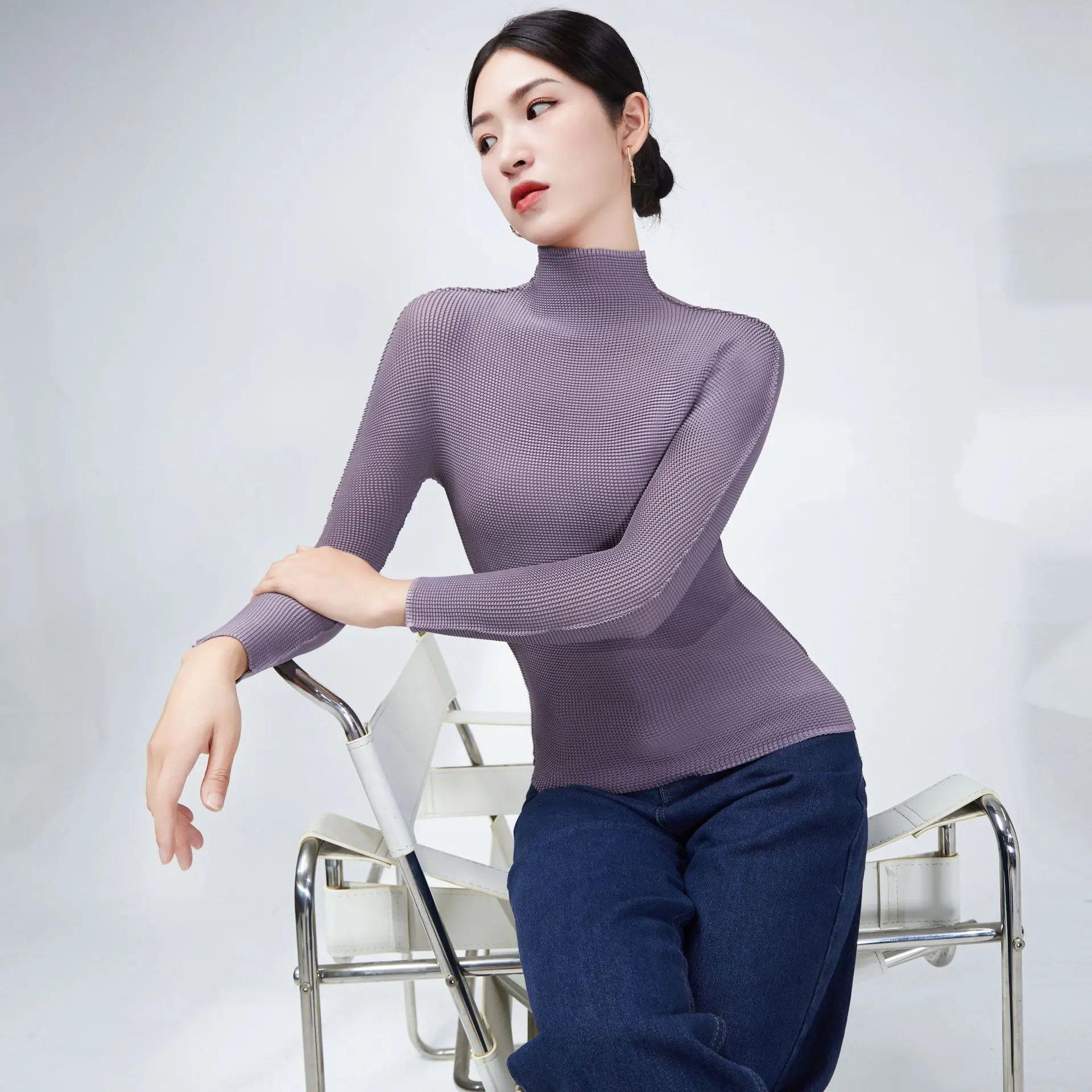 

Basic T-Shirts For Women 45-75kg Autumn 2022 New Turtleneck Long Sleeves Solid Colour High Stretch Miyake Pleated Pullovers