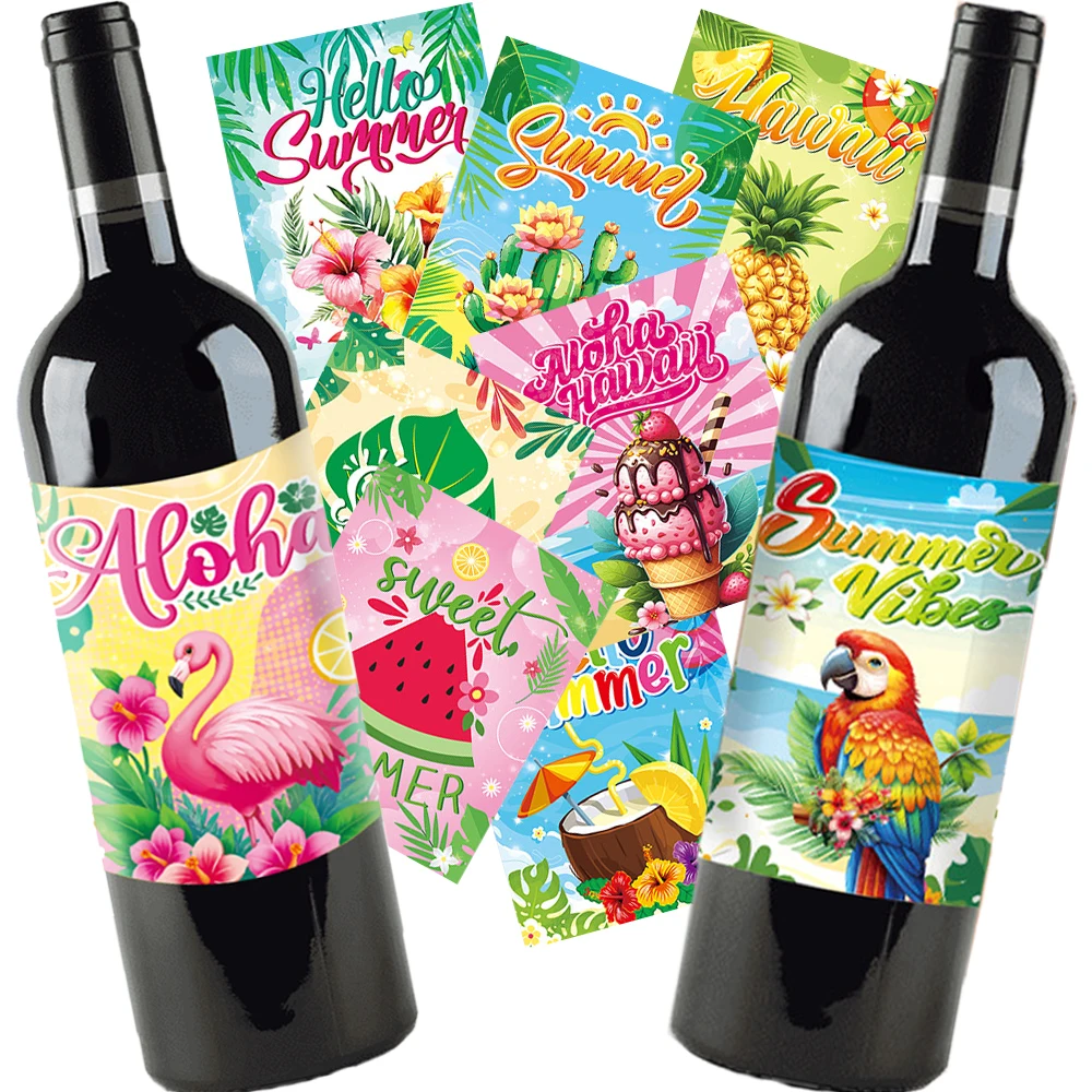 9 Stück Hawaii-Motto-Party-Weinflaschen-Aufkleber, rosa Flamingo-Ananas-Aufkleber, Sommer, Strand, Partyzubehör, Dekoration, 4,02 x 5 Zoll