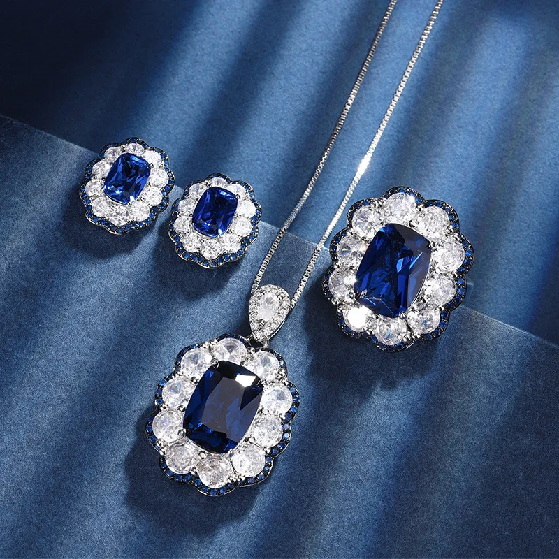 SUYU Ladies' Light Luxury Fashion Design Blue Flower Earnail Set Vintage Pendant Set Jewelry Festival Gift Daily Accessories