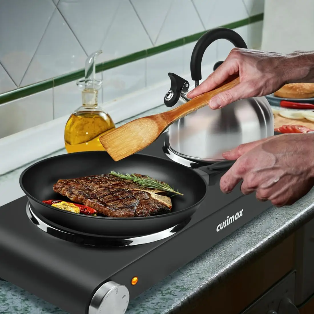 Double Hot Plates Electric Burner, 1800W Countertop Cooktop with Adjustable Temperature Control, Hot Plates for Cooking