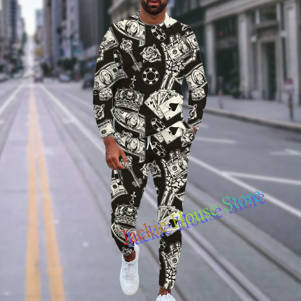 Autumn Men's Tracksuit Set 3D Printed Poker Sportswear Casual Long Sleeves Tshirts+Long Sleeve T-shirt Suit Men Clothing Outfits