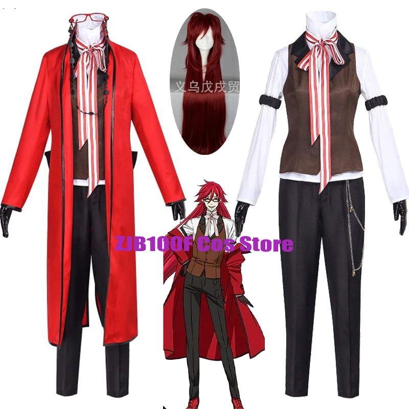 

Shinigami Grell Sutcliff Cosplay Anime Black Butler Cosplay Costume Death Red Uniform Set Halloween Party Outfit For Women Men