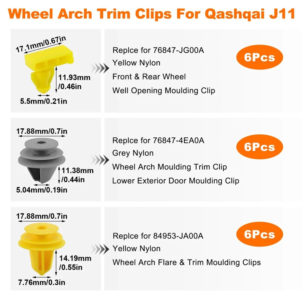 18Pcs Vorderrad Arch Trim Clips Auto Außen Flare Horn Verschluss Clip Zubehör 84953JA00A Für Nissan Qashqai J11 2014-2021 – Detail 3