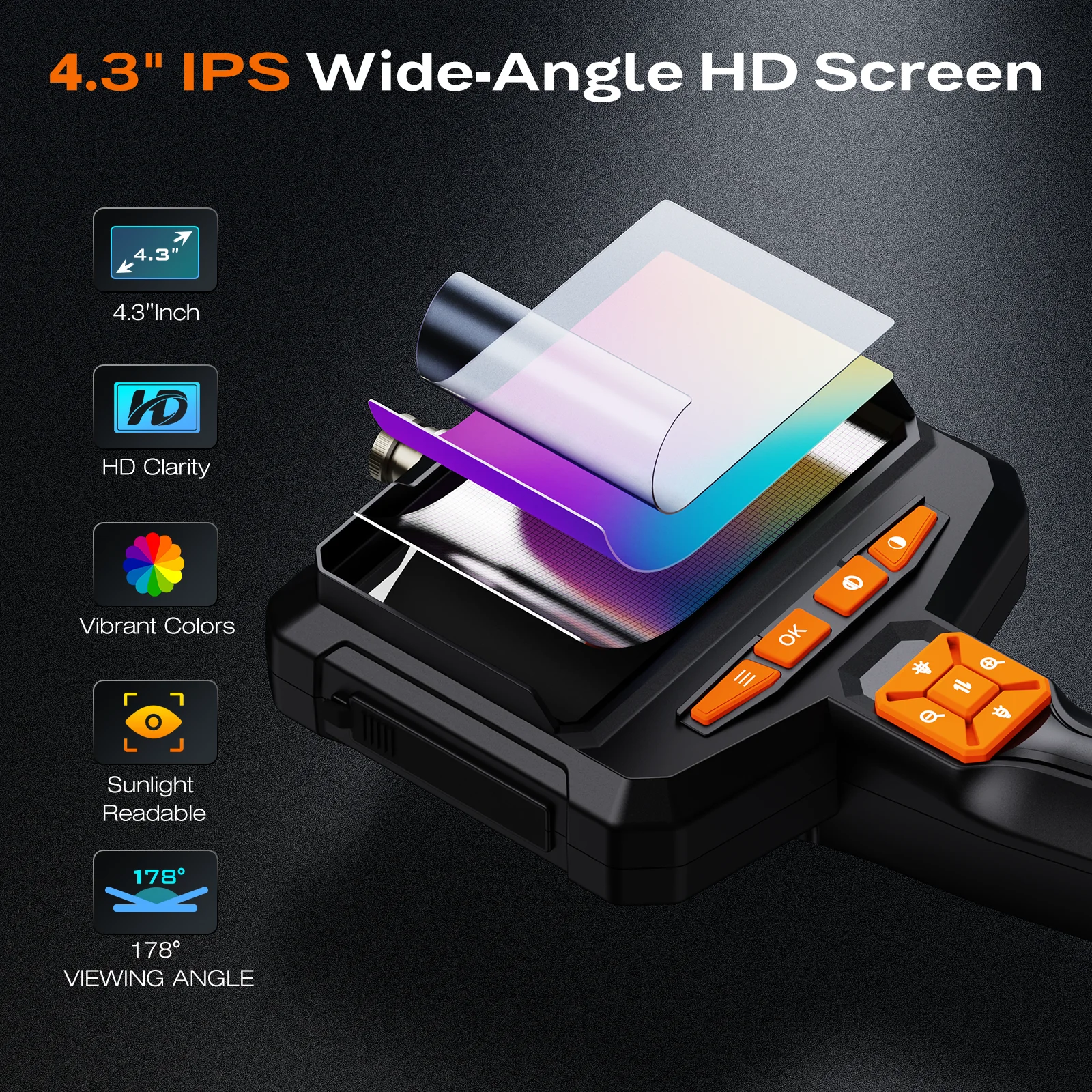 4.3 Inch Handheld Industrial Endoscope 16.4FT Semi-Rigid Cable Borescope HD Insp