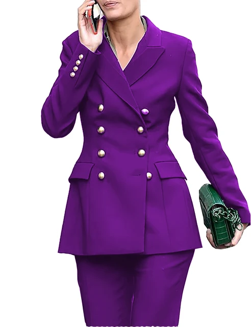 Женский комплект из 2 предметов, свадебные смокинги с отложным воротником и вырезом, Офисная Мода, Деловые женские костюмы, блейзер и брюки, фиолетовый цвет 1