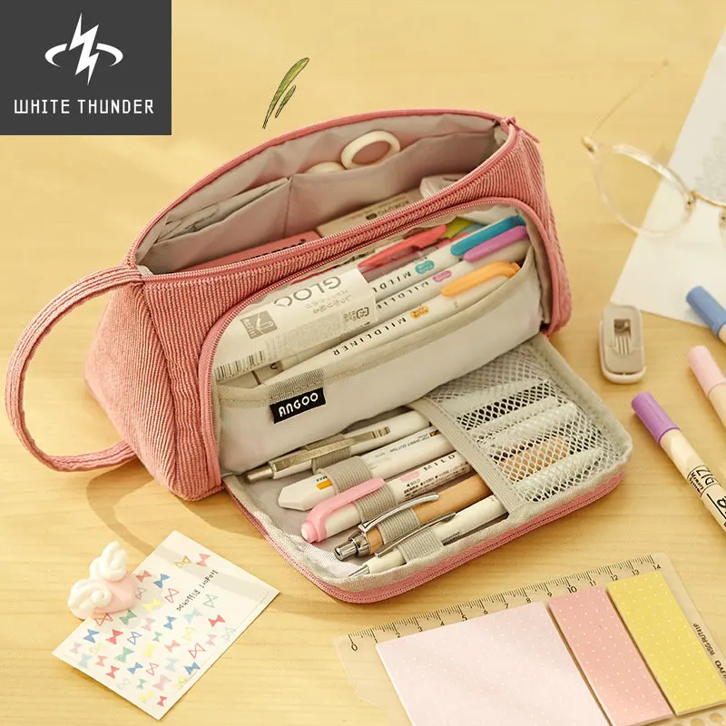 

Angoo Corduroy Pen Bag Pencil Case Light Color Multi Slot Easy Handle Storage Pouch Organizer for Stationery School Travel A6443