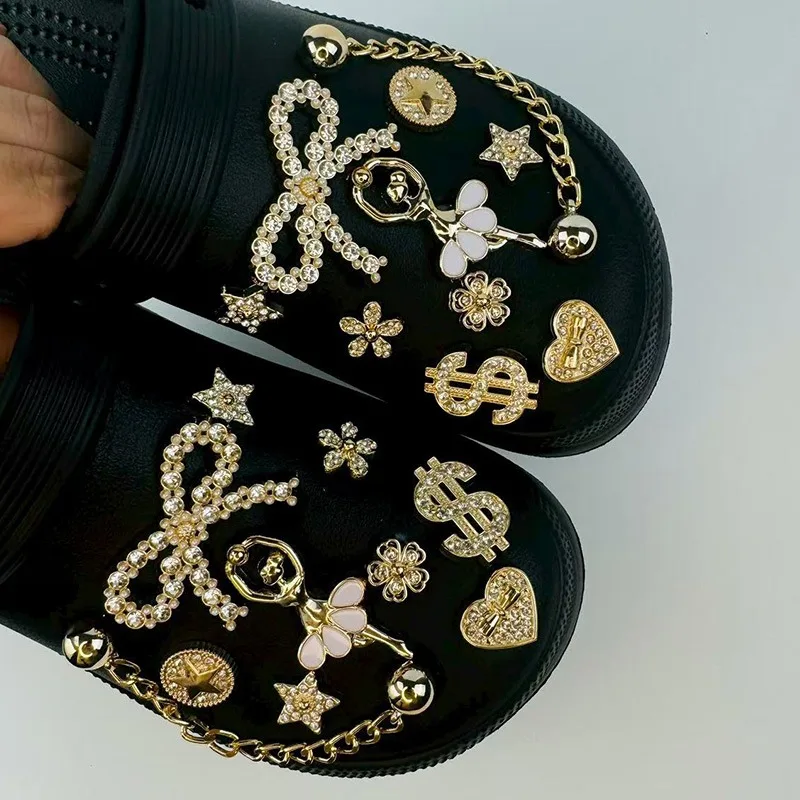 20PCS Luxus Schuh Charms Set Zubehör Loch Schuh Schnalle Goldene Strass Bogen Ballett Mädchen Niet Kette DIY Schuhe Dekorationen – Detail 8