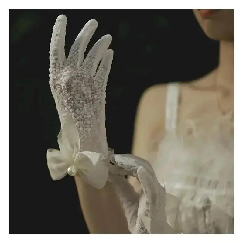 Women Wedding Bridal Short Gloves Net Full Finger See Through Beaded Bow Wrist Length Costume Prom Party Gloves Wedding Mittens