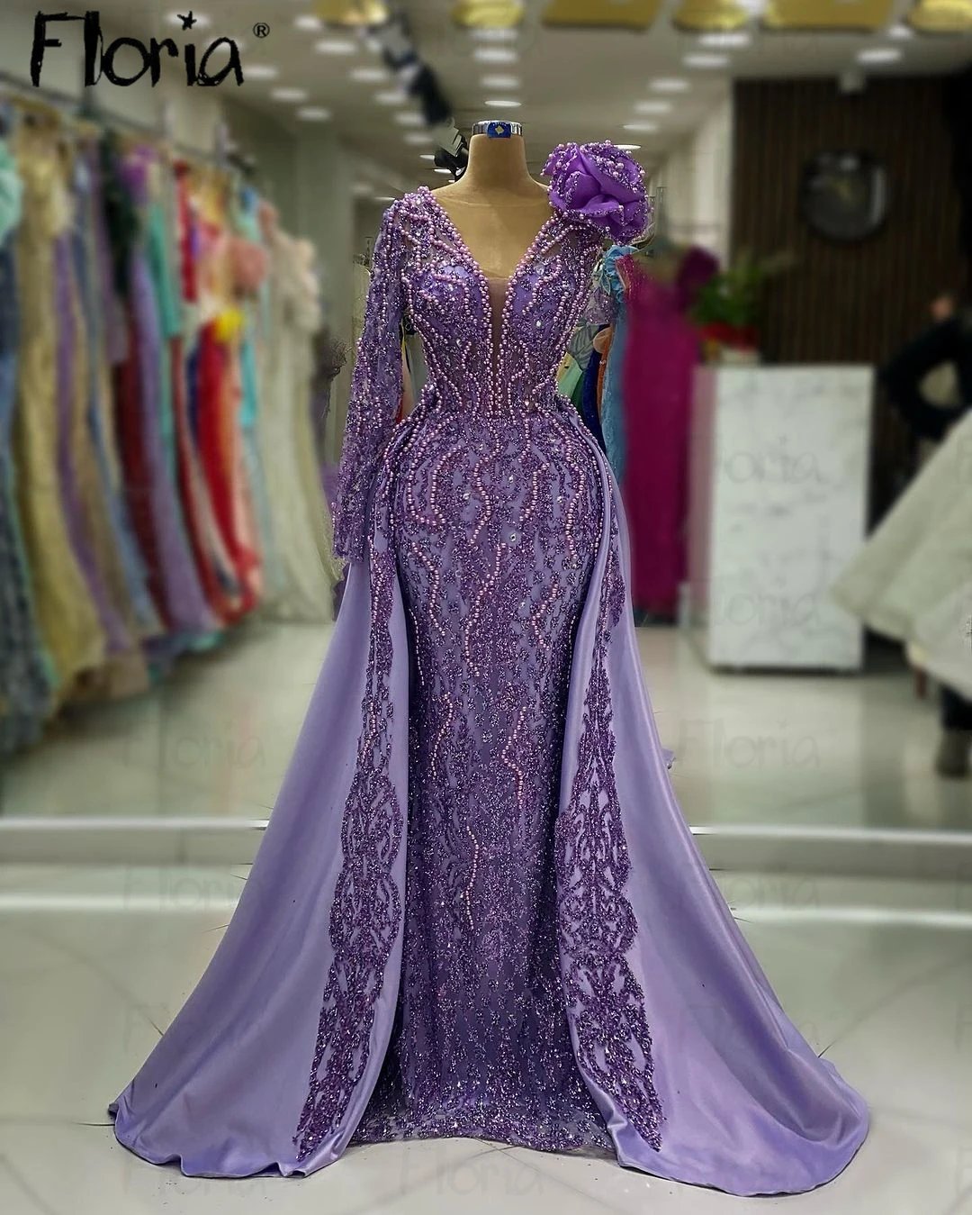2 in 1 Purple Evening Dress With Detachable Trail Long Sleeve Formal  Celebrity Dresses Deep V Neck Pearls Customized De Noche - AliExpress 320