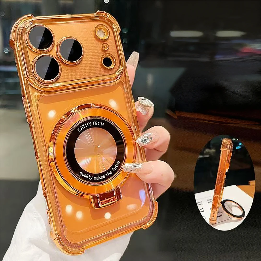 Premium Transparent Magnetic TPU Cover with Ring Stand and Plated Clear Design
