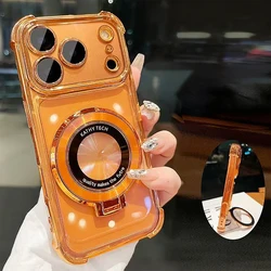 Premium Transparent Magnetic TPU Cover with Ring Stand and Plated Clear Design - iPhone 18 Pro Max (Orange)