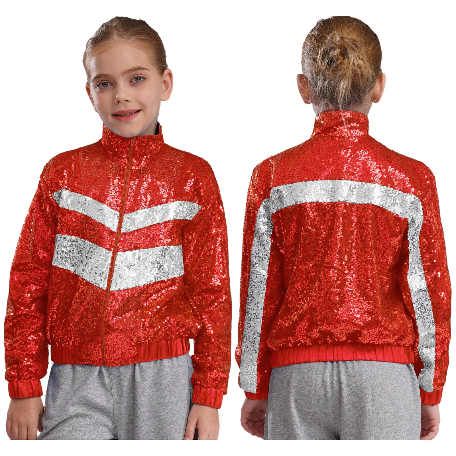 Kinder Mädchen Mode Pailletten Bomber Jacke Mantel Frühling Herbst Jazz Dance Performance Kostüm Reißverschluss Farbe Block Oberbekleidung Großhandel – Detail 10