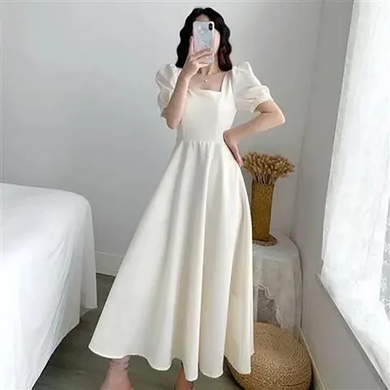 

Vestidos Summer French Square Collar Women Mid Calf Dresses Fashion Elegant All-match Long Skirt Anniversary Party Office White