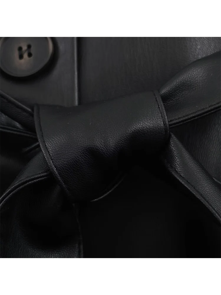 Women's Faux Fur Collar Leather Long Jacket Fashion High Street Belt Decoration Leather Outwear 2025 Winter Female Chic Coat