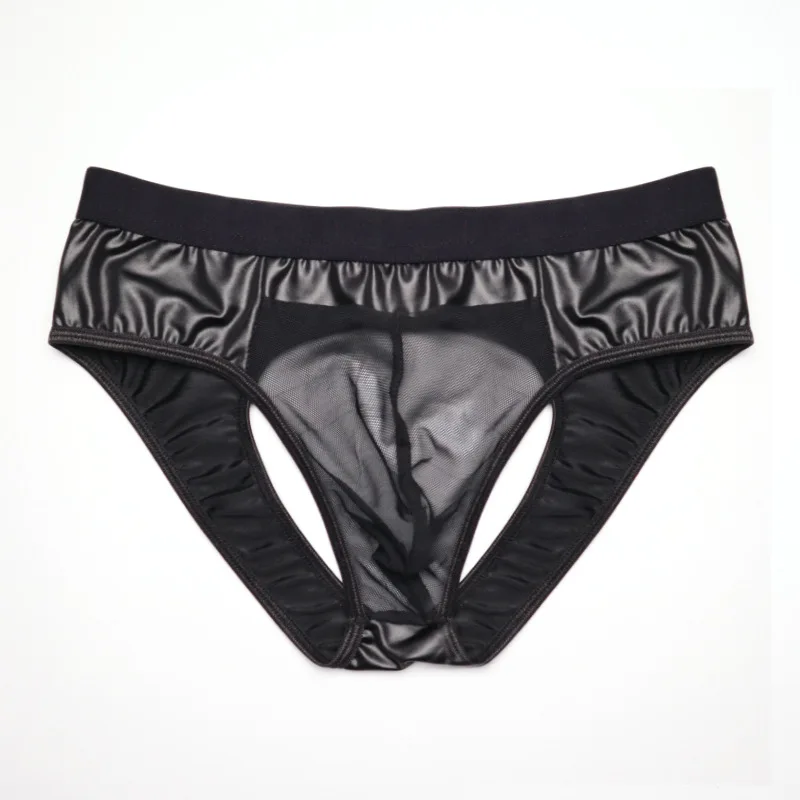 

Men Sexy Open Crotch Briefs Artificial Leather Patchwork Sheer Mesh Panties See Through Underpants Hollow Out Erotic Lingerie