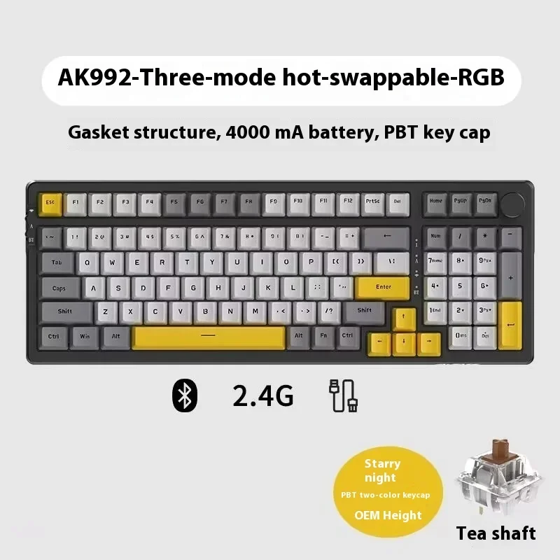 

Атака Акула Ak992 Беспроводная Bluetooth Механическая игровая клавиатура Горячая пробка индивидуальная конструкция Rgb клавиатура