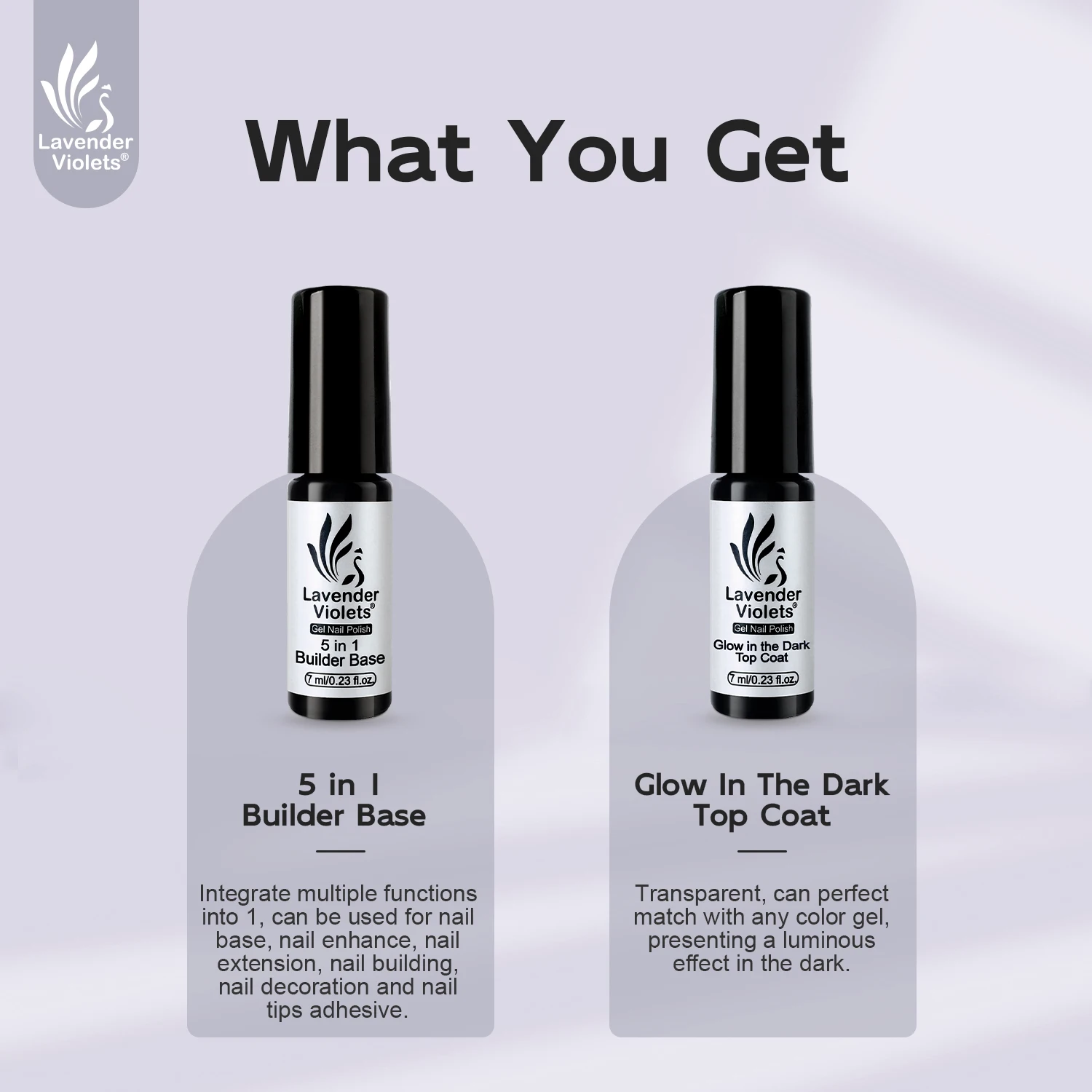 2pcs 7ml Builder Base Gel & Glow in the Dark Top Coat, Luminous Effect Soak Off Gel Nail Polish for Nail Art Design