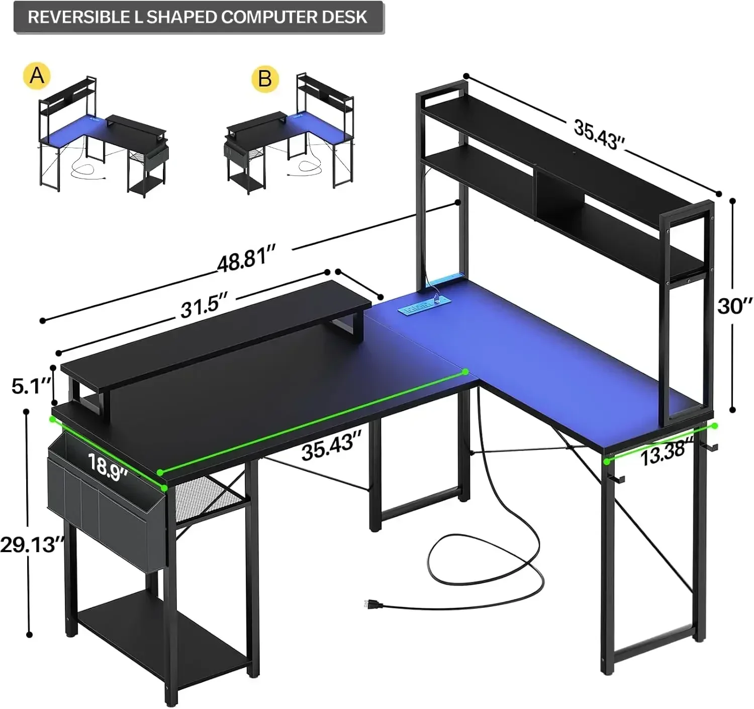 New2025-Small L Shaped Gaming Desk with LED Lights & Power Outlets, Reversible L-Shaped Computer Desk with Monitor Stand & Stora