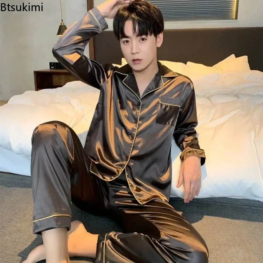 Men's Casual Pajamas Sets Oversized Silk Mens Pajama Pants Sets Satin Long Sleeve Sleepwear Home Pijama Night Wear Loungewear pajamas set silk pajamas man pajamas set satin pajama set