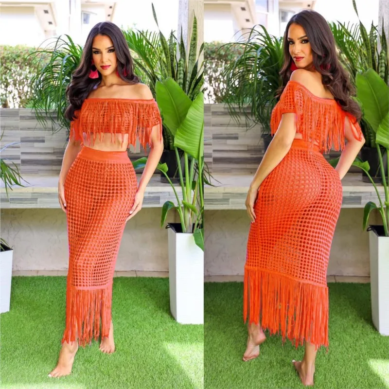 

Комплект женского пляжного бикини парео, вязаное платье для выхода, сетчатая туника из двух предметов, однотонная пляжная одежда из полиэстера с бахромой