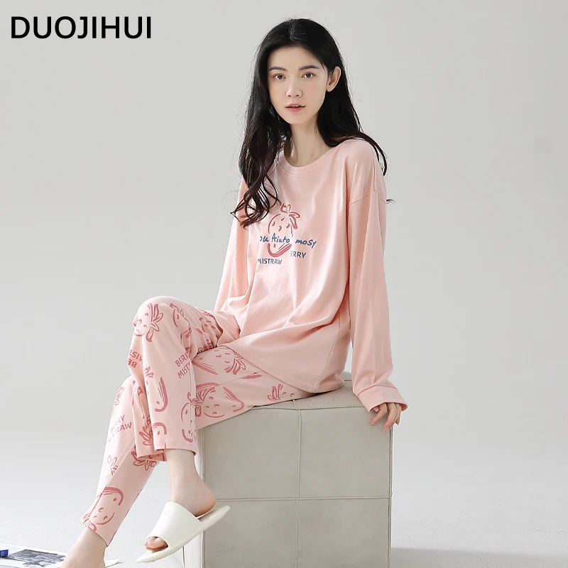 

DUOJIHUI Pure Color Chic Print Sweet Pajamas for Women Autumn Basic O-neck Pullover Loose Simple Pant Fashion Female Pajamas Set
