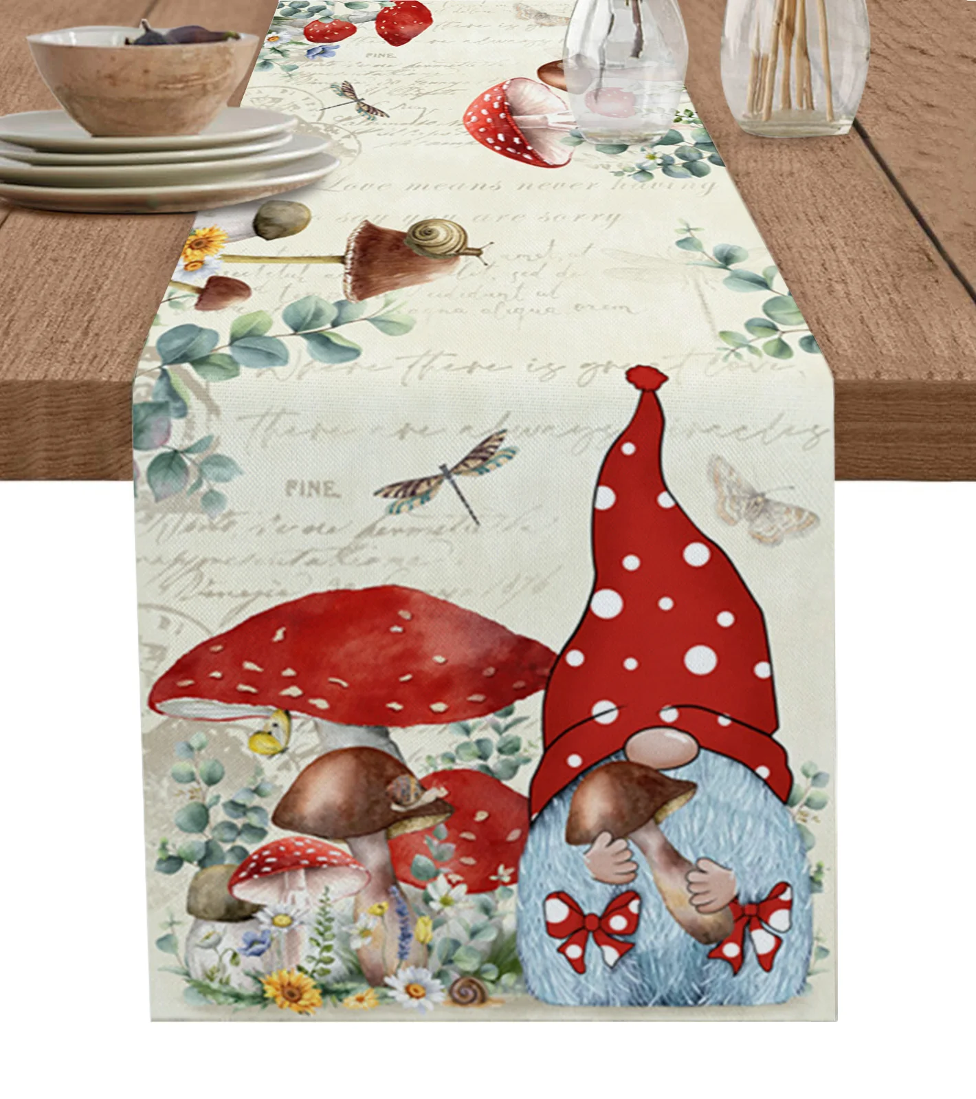 

Mushroom Dwarf Flower Plant Linen Table Runner Kitchen Table Decoration Farmhouse Dining Table Cloth Wedding Party Decor