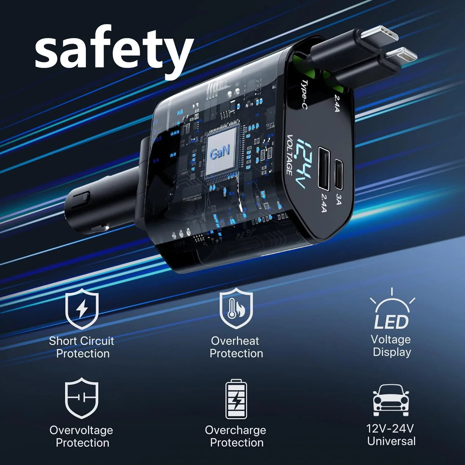 66W 접이식 차량용 충전기 고속 충전 4-in-1 USB C & USB A, PD&QC 차량용 휴대폰 충전기 (아이폰 6-17, 패드, 안드로이드 기기용)
